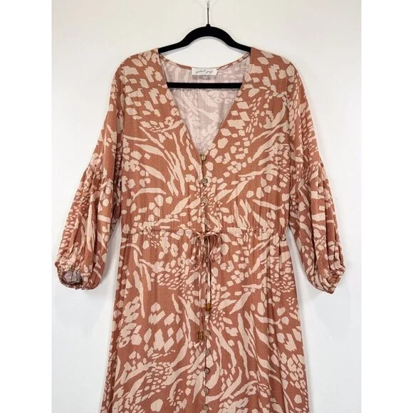 Petal & Pup Dress Brown Katerina Maxi V Neck Button Down Floral Boho Medium - Picture 7 of 12